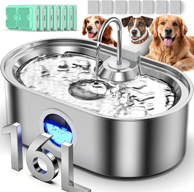 4.2Gal Extra Large Dog Water Fountain, 16L Stainless Steel Pet Water Fountain for Large Dogs, No Spill Dog Water Bowl Dispenser with Deeper Wider Bowl, 68-Cup Water Tank for Multi-Pet(with 7 Filters)