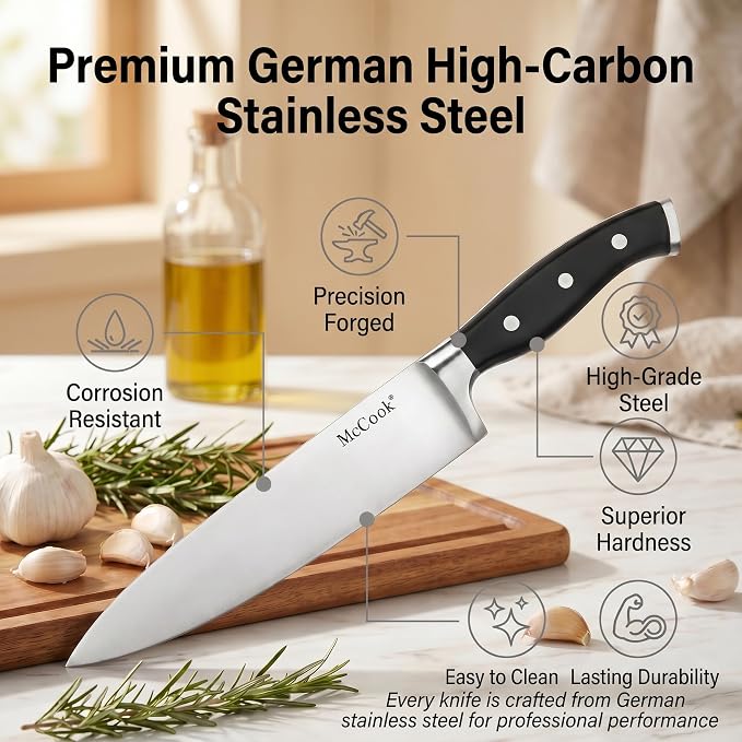 McCook Knife Set Sharp Kitchen Knife Block Set w Built-in Sharpener | German Forged Stainless Steel,20 PC,Anti-Rust,Triple Rivet,Restaurant Grade,Ergonomic Handle,Full Tang,Gift Box