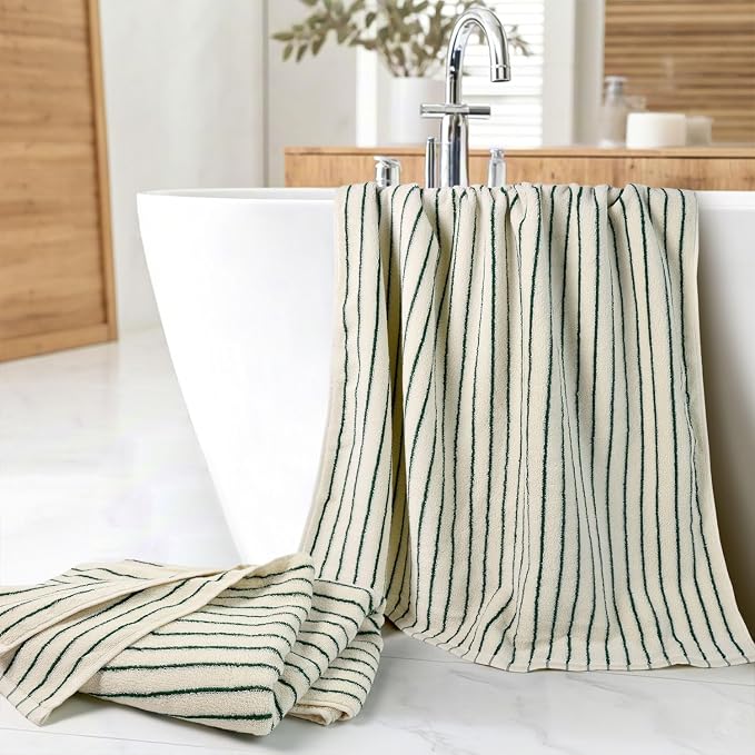 Jacquotha Green Striped Bath Towels Set of 2 | Lighter & Quick Dry Towels Large 27.5 x 55 inches, Farmhouse for Bathroom Decor, Shower, Pool Days