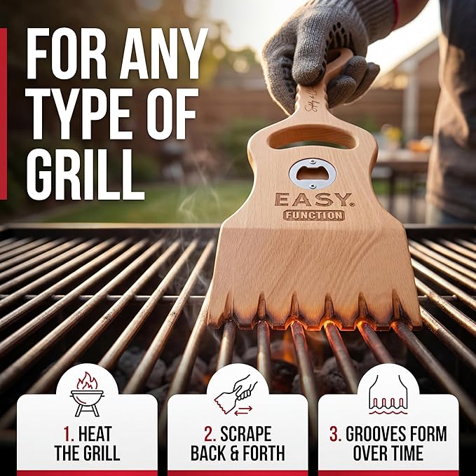 Wood Grill Scraper - Wooden Alternative for A BBQ Grill Brush, Made from Natural Pine Hardwood - Uses The New EasyShape Technology for Safe Cleaning & Bristle Free Barbecue