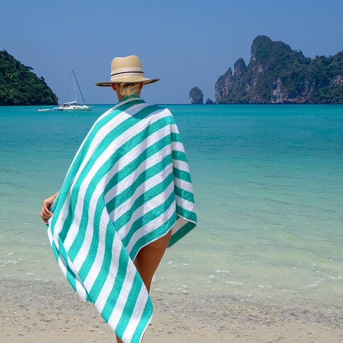 Arkwright California Cabana Stripe Beach Towel - Pack of 4, Large Soft Quick Dry 100% Cotton Terry Towels Set for Pool, Swim, and Hot Tub, Oversized 30 x 70 in, Green