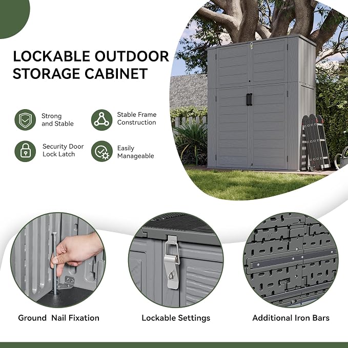 Aoxun Outdoor Storage Shed with Floor, 61 Cu.Ft Large Outdoor Storage Cabinet, Waterproof Vertical Resin Shed for Garden Tools, Pool Equipment, Dark Grey
