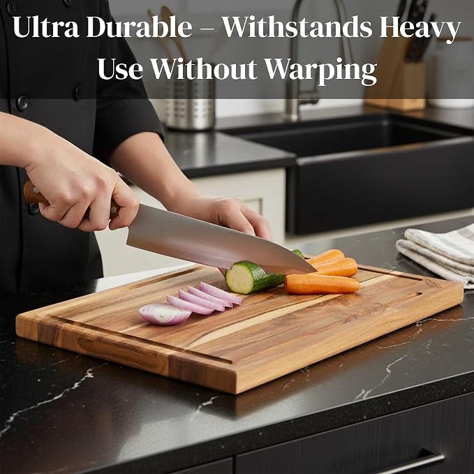 Teak Wood Cutting Board Set of 3 w/Stand, Deep Juice Groove, Solid Hardwood Non-Toxic & Knife Friendly Boards, Small Medium Large Sizes for Kitchen Meat, Veggies & Cheese by New M Way