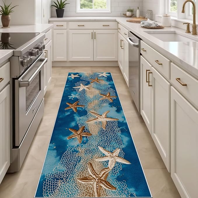 Seaside Coastal Extra Long Hallway Runner Rug 3x12 - Fishing Net Soft Low Pile Runner RugsWatercolor Ocean Anti Slip Washable Runners Rug for Entrance Corridor Kitchen Living Room