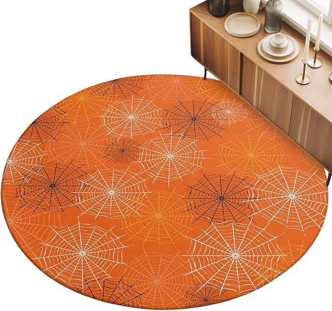Round Area Rug 3', Orange Halloween Washable Small Area Rugs for Kitchen Bathroom Bedroom Office Laundry, Black White Net Halloween Non Slip Door Mat Indoor Entrance Floor Throw Circle Carpet