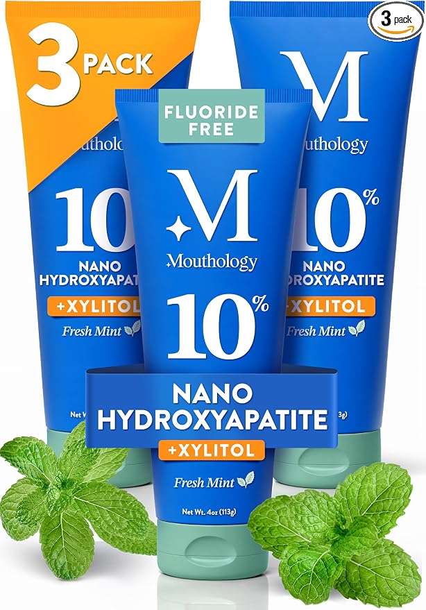 Mouthology 10% Nano Hydroxyapatite Toothpaste (3pk, Fluoride Free), Whitening*, Supports Enamel Care*, Appropriate for Sensitive Teeth*, SLS Free, Xylitol nHA Toothpaste Adults, Mint 4oz (USA Made)