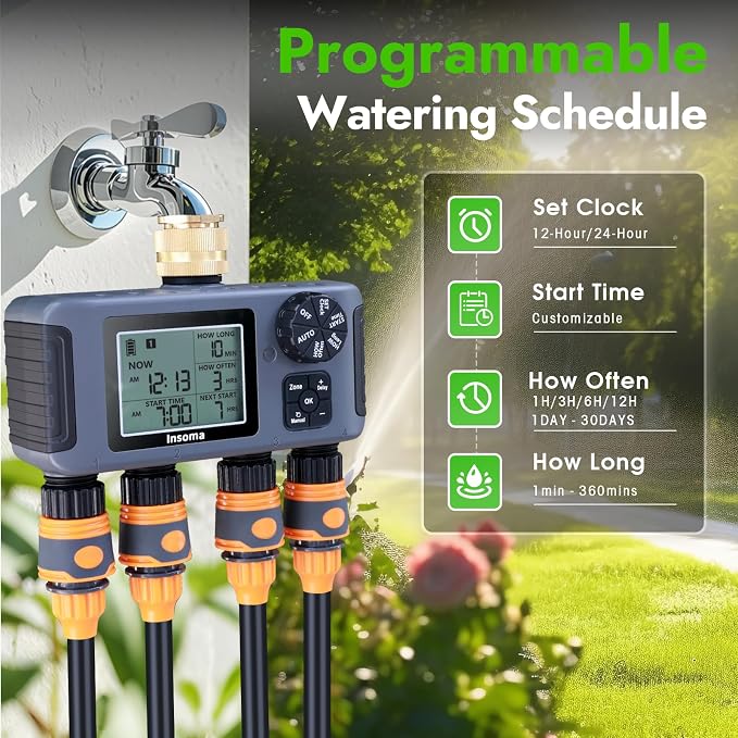 Insoma Water Timer with Brass Inlet & Outlet, 4 Independent Zones Outdoor Hose Timer for Garden Faucet with Auto/Manual/Rain Delay Mode, IPX5 Waterproof, Sprinkler Irrigation Controller for Yard Lawn