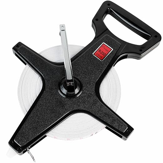 Champion Sports Open Reel Measuring Tapes – Durable Hand Crank with Metal Spike, Dual-Sided Feet & Meters, Perfect for Track & Field and Long Jump, 250 Feet/75 Meters