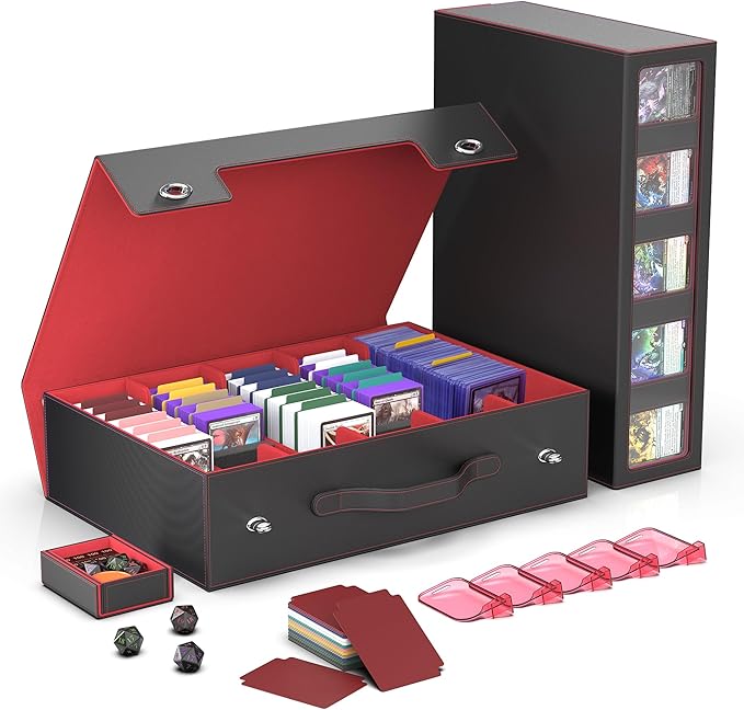 Kabinka MTG Card Storage Box with Handle & Mechanical Latch,5-Row 3900+ Commander Trading Card Case with Sealed Display Window,Top Loaders Organizer Deck Box for MTG/TCG/PTCG/Sports Cards (Black Red)