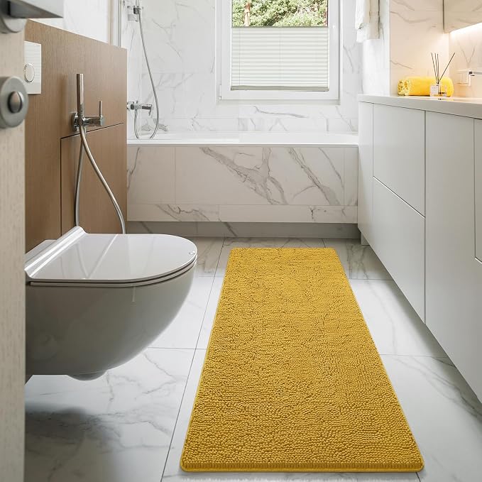 LOCHAS Luxury Bathroom Rug Shaggy Bath Mat 24 x 60 Inch, Yellow | Washable Non Slip Bath Rugs for Bathroom Shower, Soft Plush Chenille Absorbent Carpets
