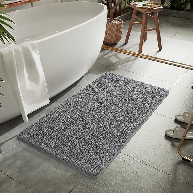 LOCHAS Luxury Bathroom Rug Shaggy Bath Mat 24 x 36 Inch, Light Gray | Washable Non Slip Bath Rugs for Bathroom Shower, Soft Plush Chenille Absorbent Carpets