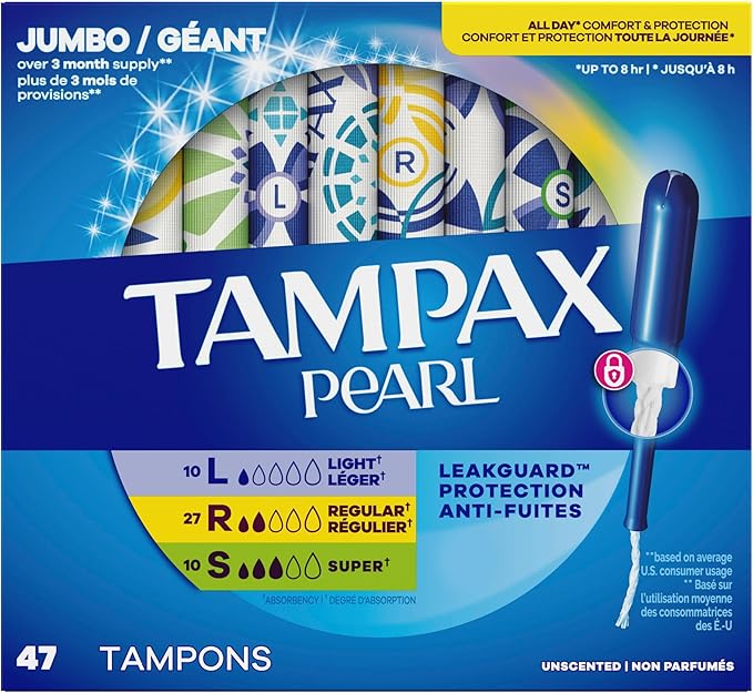 Tampax Pearl Tampons for Women Multipack, with LeakGuard Braid, Light/Regular/Super Absorbency, Unscented, 47 Count