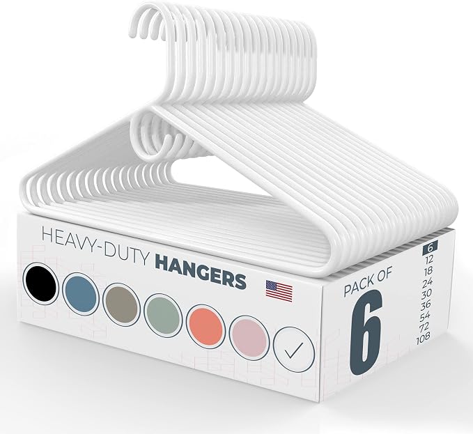 Heavy Duty Clothes Hangers 6 Pack – Made in the USA – 8lb Capacity Plastic Hangers for Adult Clothing – Durable for Pants, Coats, Jackets, or Jeans – White