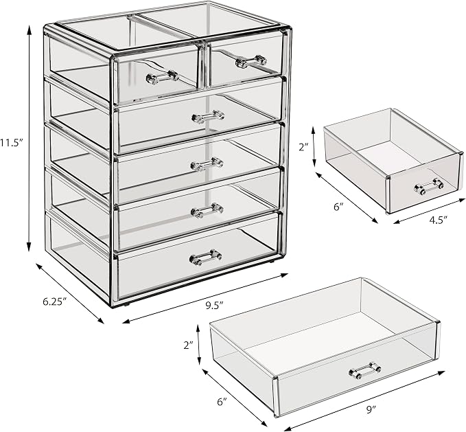 Sorbus Acrylic Makeup Organizer Set, 6-Drawer Vanity & Countertop Cosmetic Storage with Small & Wide Drawers, Black Jewel Makeup Storage for Brushes, Lipsticks, Jewelry, Holiday Gift for Women & Teens