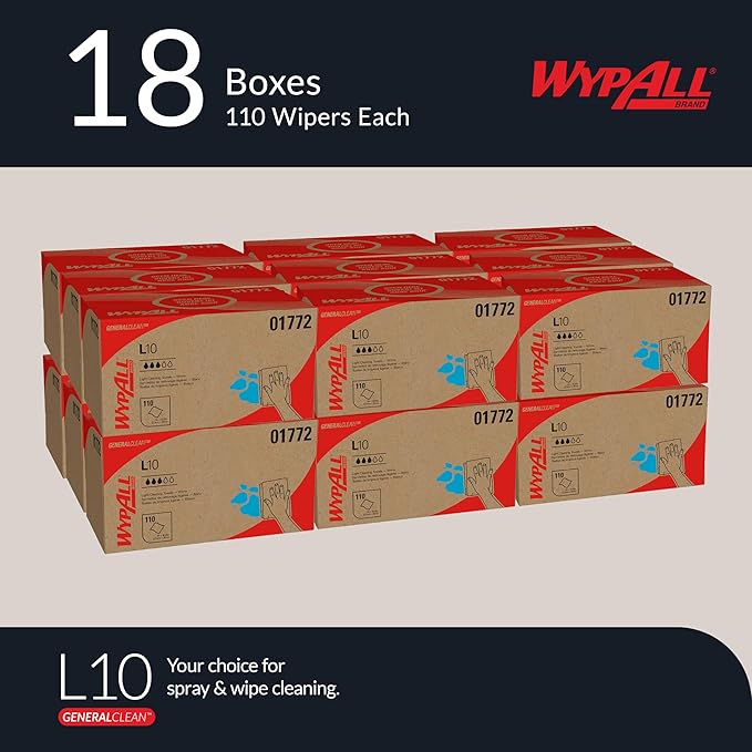 WypAll GeneralClean L10 Cloths Light Cleaning Wipes (01772), Pop-Up Box, Dairy Towels, Bulk Paper Wipers, White (18 Packs of 110 Sheets, 1,980 Sheet Total)