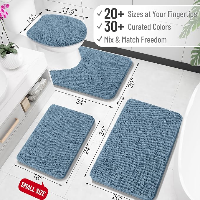OLANLY Small Bathroom Rugs 24x16, Extra Soft Absorbent Chenille Bath Rugs, Rubber Backing Quick Dry, Machine Washable Bath Mats for Bathroom Floor, Tub and Shower, Home Decor Accessories, Airy Blue