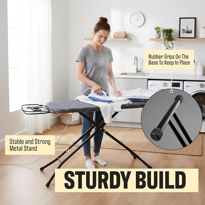 Ironing Board with Iron Rest – 45 x 13 Inch Full Size Foldable Board – Adjustable Height Steel Mesh Surface – Gray Padded Cotton Cover