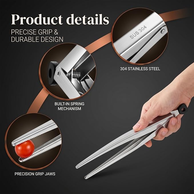 Stainless Steel Tongs 2-Pack, 11-inch Pull-Ring Locking Cooking Tongs with Non-Slip Precision Serrated Tips, Food Grade Heavy Duty Grill Tongs for BBQ, Air Fryer, Bacon, Steaks, Cooking