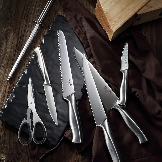 Knife Set, 8 Piece German Stainless Steel Hollow Handle Manual Knife Sharpener Forged Kitchen Knives Set with Oak Wooden Block Gift