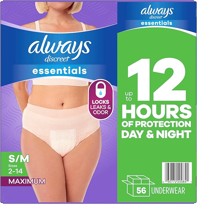 Always Discreet Essentials Adult Diapers for Women, Postpartum Essentials, Disposable Briefs, Unscented Incontinence Underwear Bladder Leak Protection, Size S/M, 56 Count