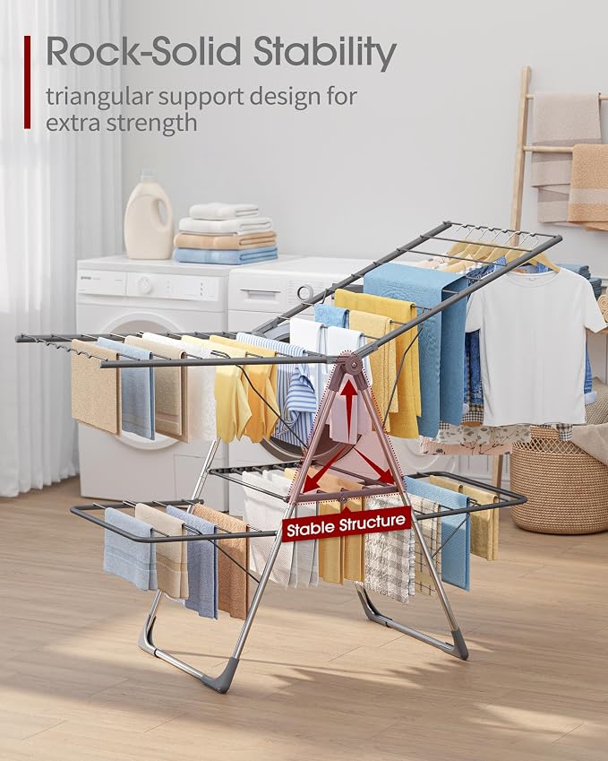Sakugi Clothes Drying Rack, Foldable 2-Level Laundry Drying Rack with Height-Adjustable Wings, for Clothing & Bedding, Free-Standing Space-Saving Rack, Indoor & Outdoor, 55.5" L × 22.8" W, Gray