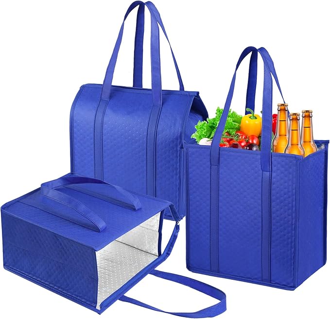 3 Pack 18L Thermal Cooler Bags, Zipper Top Grocery Carry Totes | reusable insulated storage bag, reliable hot cold hold, for food delivery, travel, camping, beach, picnic,supermarket trips