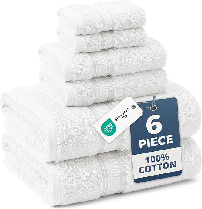 LANE LINEN Bath Towel Set 100% Cotton 6 Piece Soft Absorbent - White | Oeko-Tex Bath Towels - Zero-Twist Cotton, Terry Weave Comfort, Long-Lasting Comfort, Hotel-Style Look, Machine Washable