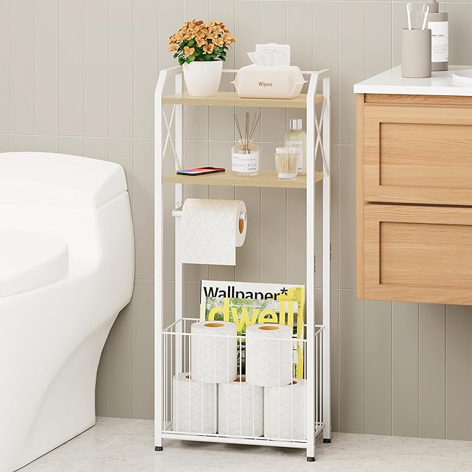 HapiRm Freestanding Toilet Paper Holder - 4-Tier Bathroom Tissue Organizer with Wood Shelves and Large Basket, Toilet Paper Holder Stand for Bathroom, Laundry Room, Apartment - White（Large）