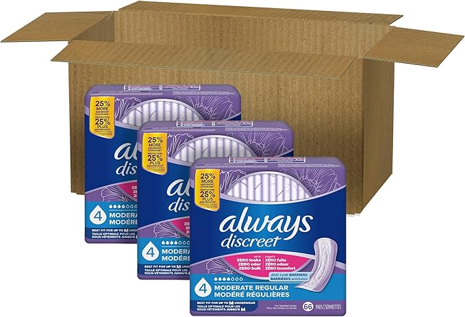 Always Discreet Adult Incontinence Pads for Women, Drier, 4 Drop Regular Length, Moderate Absorbency, Pads for Bladder Control Management, Bladder Leaks, & Postpartum Pads, 198ct