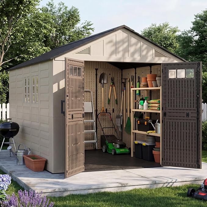 Aoxun 8x12 Ft Outdoor Storage Shed with Floor, Large Resin Outdoor Shed with Lockable Door & Windows, Garden HDPE Sheds for Lawn Tools, Pool Supplies & Bikes