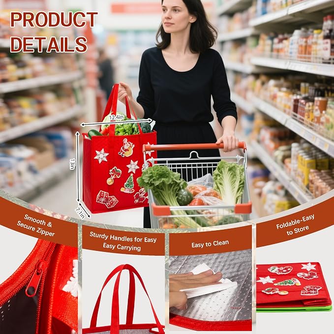 Christmas DIY Insulated Grocery Bags with Zippered Top – 10 DIY Stickers Included, Thermal Tote Cooler Bags for Frozen Food, Reusable Travel Grocery Tote for Shopping & Picnic, 2pcs