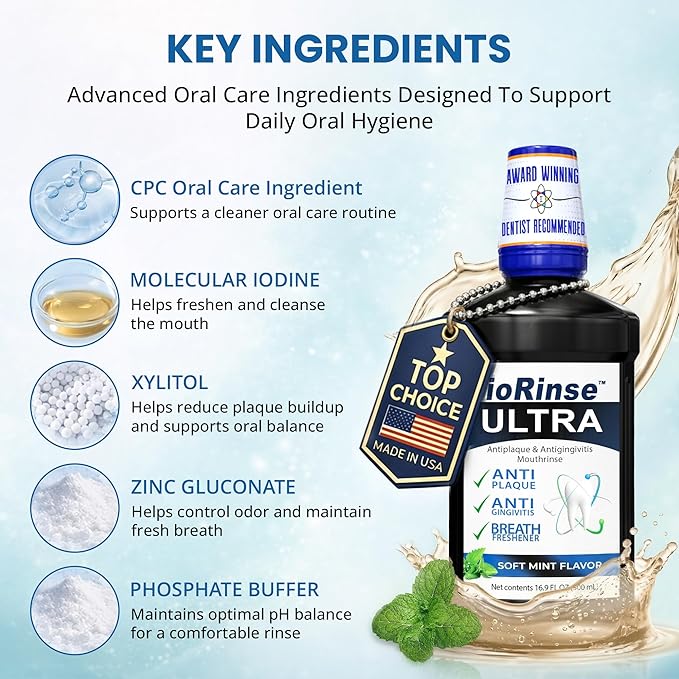 ioRinse Ultra Mouthwash is the Choice of 1,000s of Dentists as the Mouth Wash for Adults and Kids Oral Care and Hygiene. It's an Alcohol Free, Bad Breath Treatment and Gum mouthwash with Xylitol.