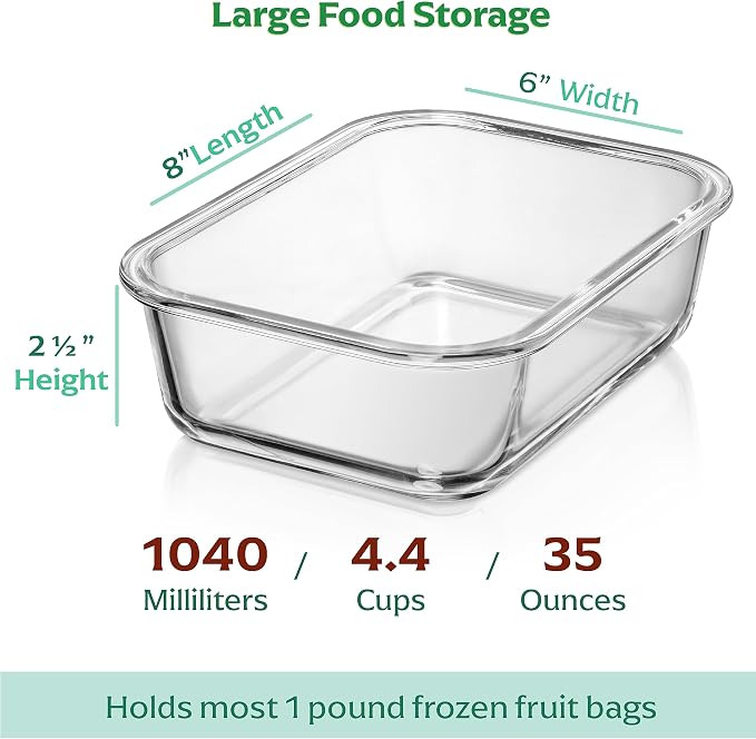 8 Pack 35 oz Glass Containers - Airtight, Microwave, Oven | Borosilicate, 1040 ml Capacity, Snap Lock Lids, Leakproof, Oven Safe 752 F, Freezer Safe, Microwave Safe, Dishwasher Safe