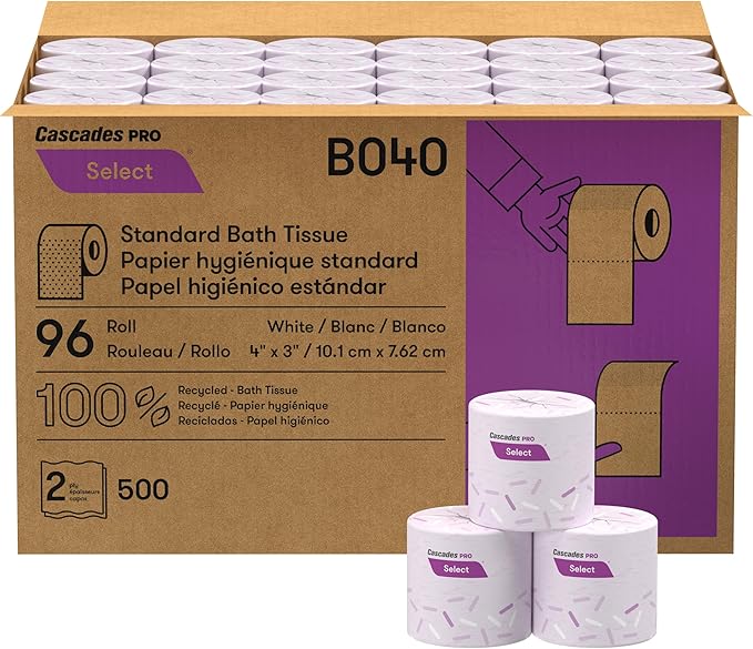 Cascades PRO Select Soft/Strong Bathroom Tissue, 2-Ply Toilet Paper Rolls for Restrooms – Universal Fit - Individually Wrapped, Recycled Fibers – 500 Sheets/Roll - 96 Rolls/Box – B040- White