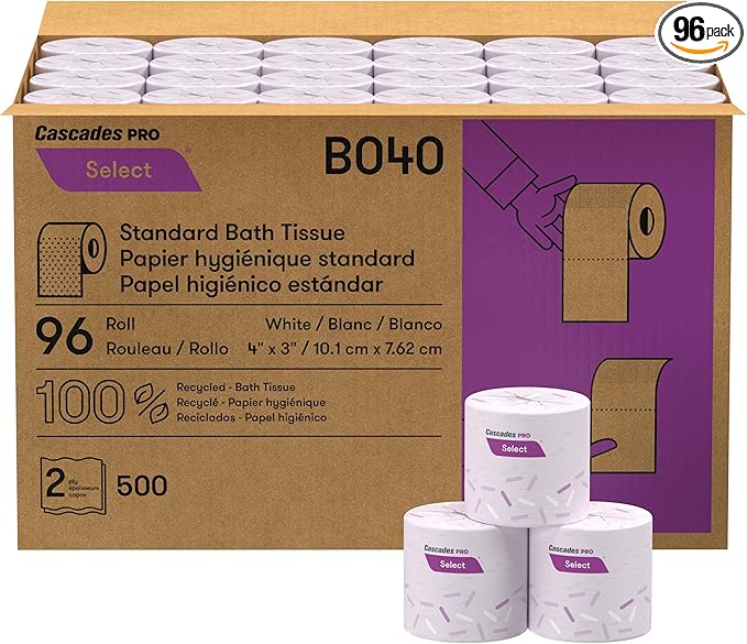 Cascades PRO Select Soft/Strong Bathroom Tissue, 2-Ply Toilet Paper Rolls for Restrooms – Universal Fit - Individually Wrapped, Recycled Fibers – 500 Sheets/Roll - 96 Rolls/Box – B040- White