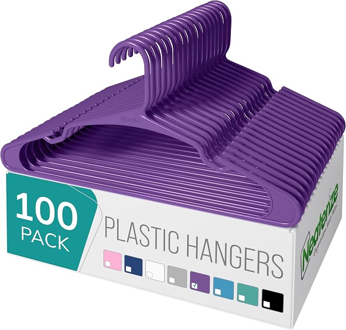 NEATERIZE Clothes Hangers Plastic 100 Pack for Adults - Plastic Hangers, The Perfect Coat Hanger and Space Saving Clothes Hangers for Closet - Purple Hangers