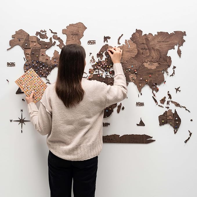 Enjoy The Wood 3D Wood World Map Wall Art Large Wood Wall Décor Housewarming Gift Idea Art World Travel Map For Home & Kitchen or Office (Large, Dark Walnut)