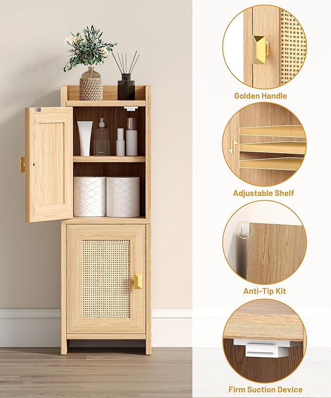 Akxomel Rattan Small Bathroom Cabinet Narrow Toilet Paper Organizer Oak | 7.9''D x 9.8''W Bathroom Organizer and Storage Cabinet for Small Space, Slim Corner Unit with Adjustable Shelf