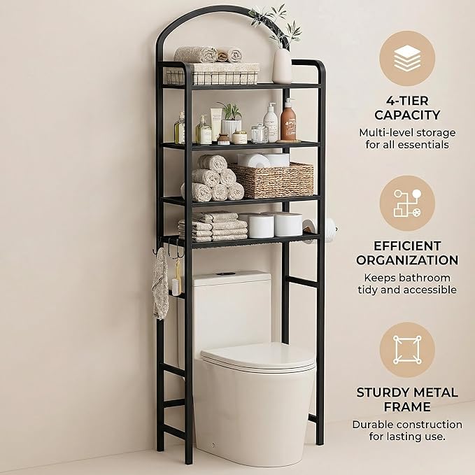 4-Tier Over The Toilet Storage, Bathroom Organizer, Space-Saving, 72" H Above Toilet Storage Rack with 4 Hooks and Paper Holder, Metal Shelf, Black