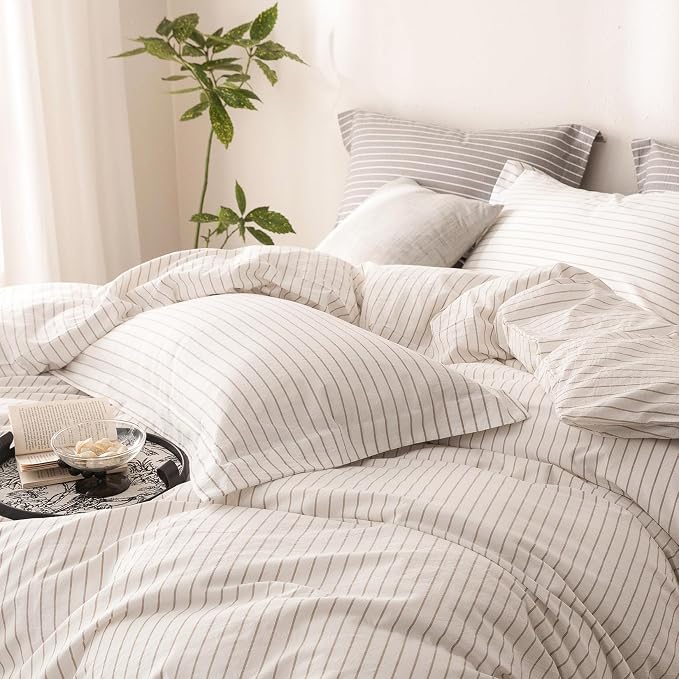 Stripe Duvet Cover Queen Size 90inch x 90inch,100% Washed Cotton Linen Feel Pinstripe Duvet Cover with Zipper Closure and 2 Pillowcases, Color of Off White and Linen Grey Stripe