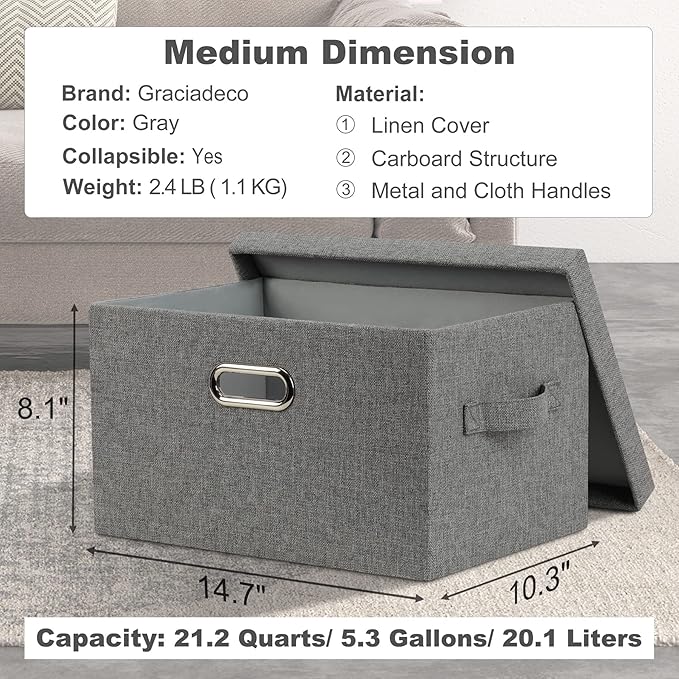 Graciadeco Medium 15" 21 Quart Collapsible Stackable Storage Bins with Lids, 3 Packs Grey Foldable Fabric Closet Boxes Heavy-duty Linen Cube Baskets Container for Bedroom Office (15 x 11 x 8)