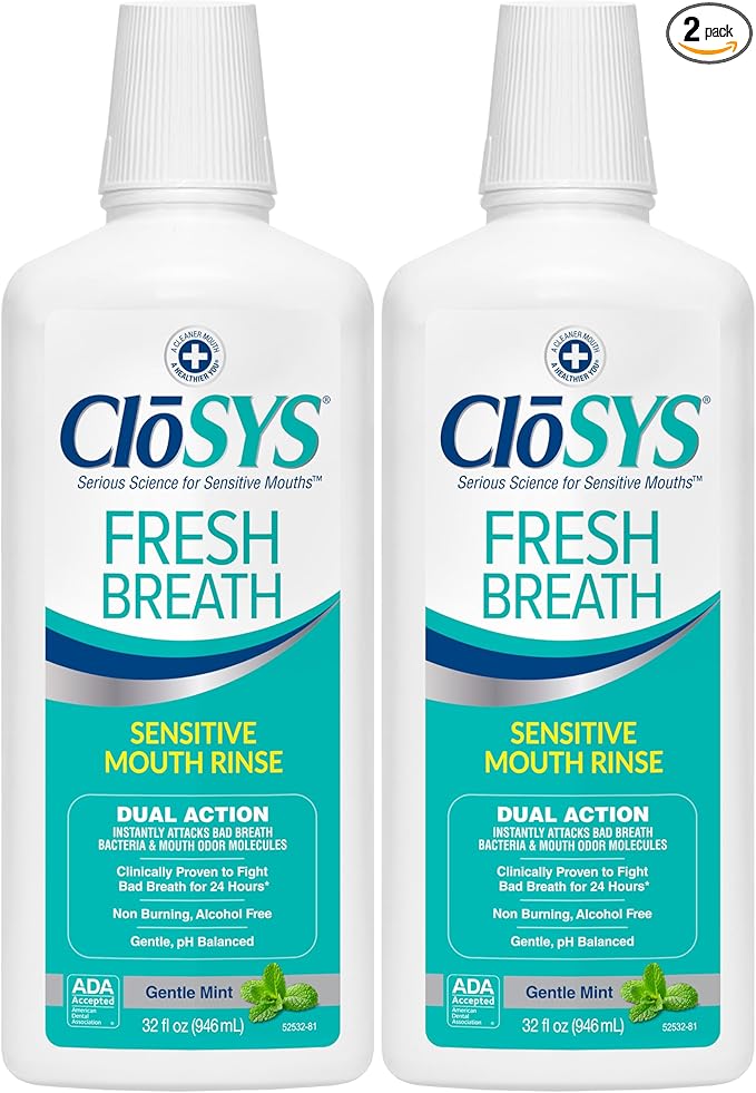 CloSYS Mouthwash, 32 Ounce, 2 Count, Fresh Breath Mouthwash, Gentle Mint, Alcohol Free, Dye Free, pH Balanced Mouth Wash, Helps Soothe Entire Mouth, Fights Bad Breath