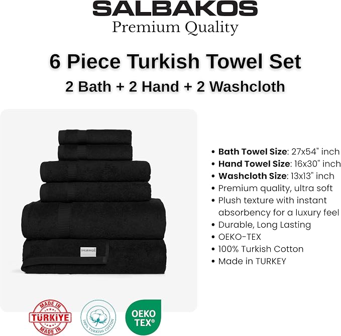 SALBAKOS 100% Turkish Cotton Bathroom Towel Set of 6-Piece, Black | 630 Gsm Thick Super Soft Highly Absorbent 2 Bath + 2 Hand + 2 Washcloth Towels Sets, Giftable, Hotel Quality, Made in Turkey