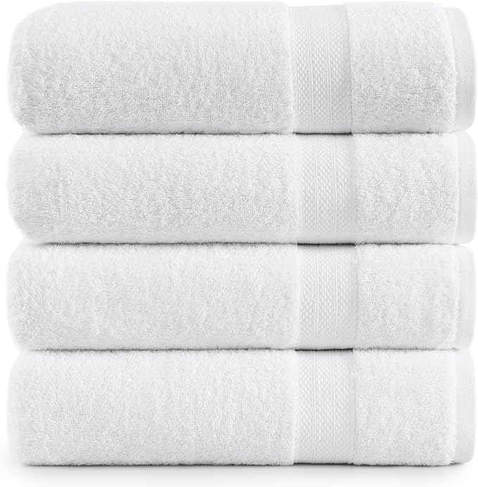 LANE LINEN Large Bath Towel Set Absorbent Quick Dry 100% Cotton - White | Bath Towels Set Of 4 - Fade-Resistant Color, Classic Terry Weave, Densely Woven, Coordinated Colors, Dobby Border Accent