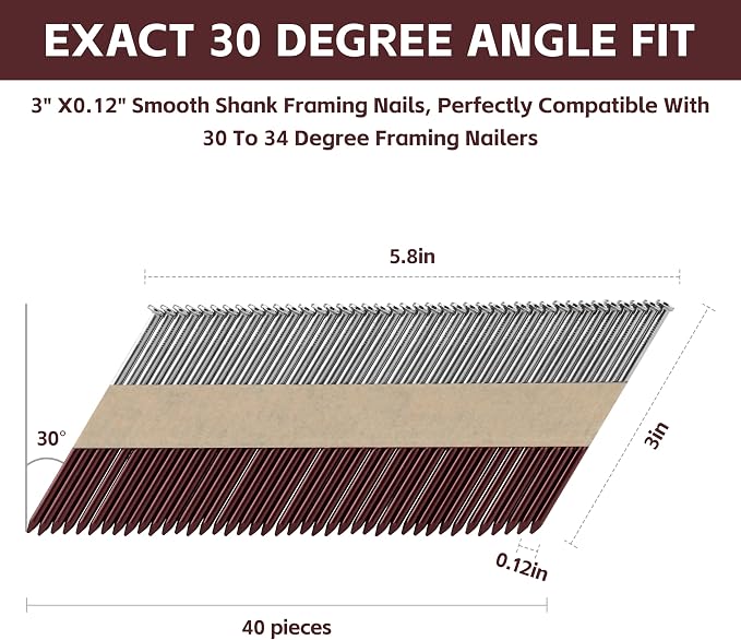 30 Degree Framing Nails 3"X .12" Smooth Shank 800 Count,D Head Paper Tape Strip Nails, for 30 to 34 Degree Framing Nailer