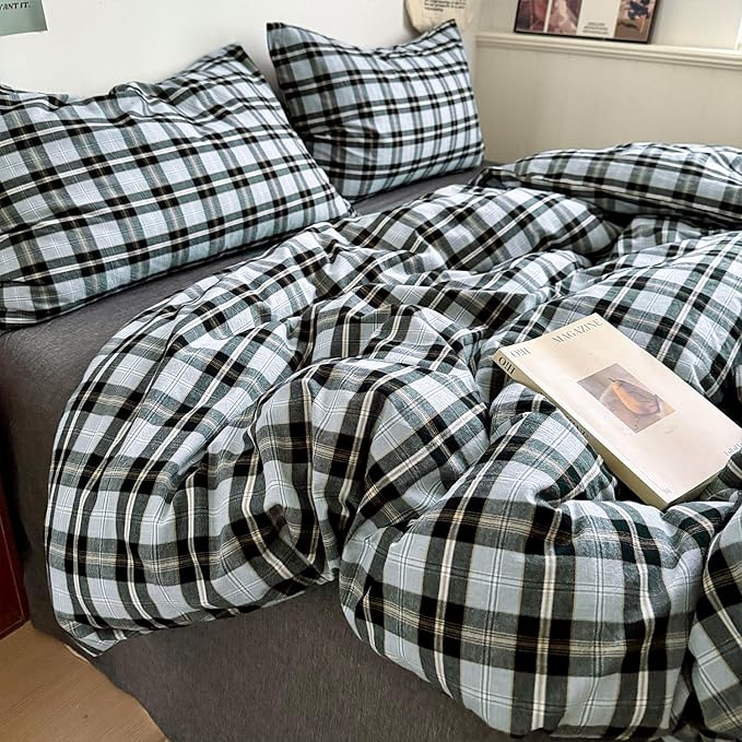 mixinni Vintage Grey & Pale Blue Buffalo Plaid Duvet Cover Set King Size - 3 Piece Washed Cotton Bedding Set with Grid Pattern, Soft & Breathable Duvet Cover with Pillowcases for Boys, Men& Women