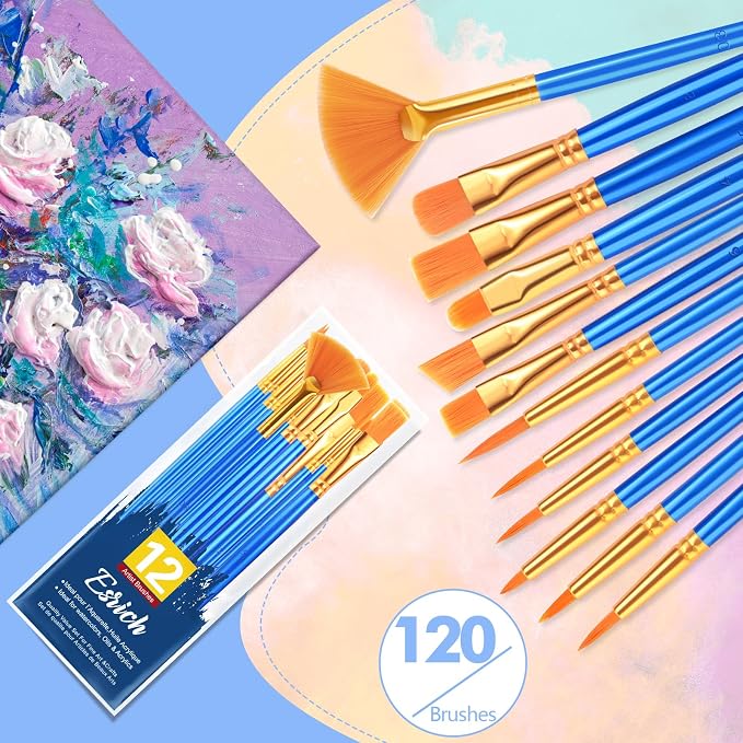 ESRICH Paint Brushes Set,10pack/120pcs Nylon Hair Round-Pointed Tip Acrylic Paint Brush for Watercolor Oil Rock Face Painting,12 Sizes Paint Brush for All Purposes Kids Adult Arts Painting Brush Kits.