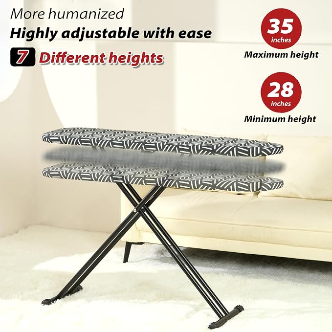 caius Ironing Board 43''x13'', 7 Adjustable Heights, Saves Space | Anti-skid feet for stability · Ultra-thick pure cotton cover · Fast wrinkle-free ironing · 28-35" height range