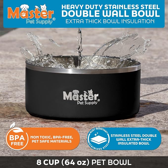 Master Pet Supply Stainless Steel Dog Bowls - 64 oz, Heavy Duty - Black Velvet, Double Wall Extra-Thick Insulated, Non-Slip Pet Water Bowl for Dogs, Cats & Pets, Anti Rust Metal, Dish Washer Safe