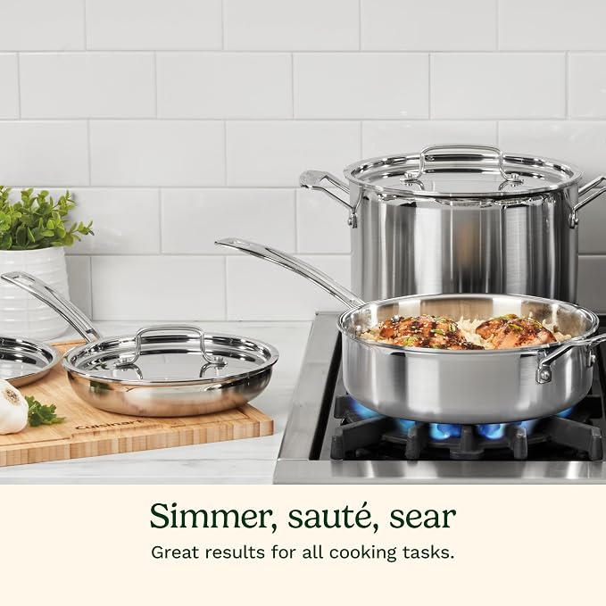 Cuisinart 15-Piece Cookware Set, MultiClad Pro Triple-Ply Stainless Steel Cookware Set, Heat Surround Technology, Cool Grip Stick Handles, Oven Safe up to 500F, MCPS-15N, Silver
